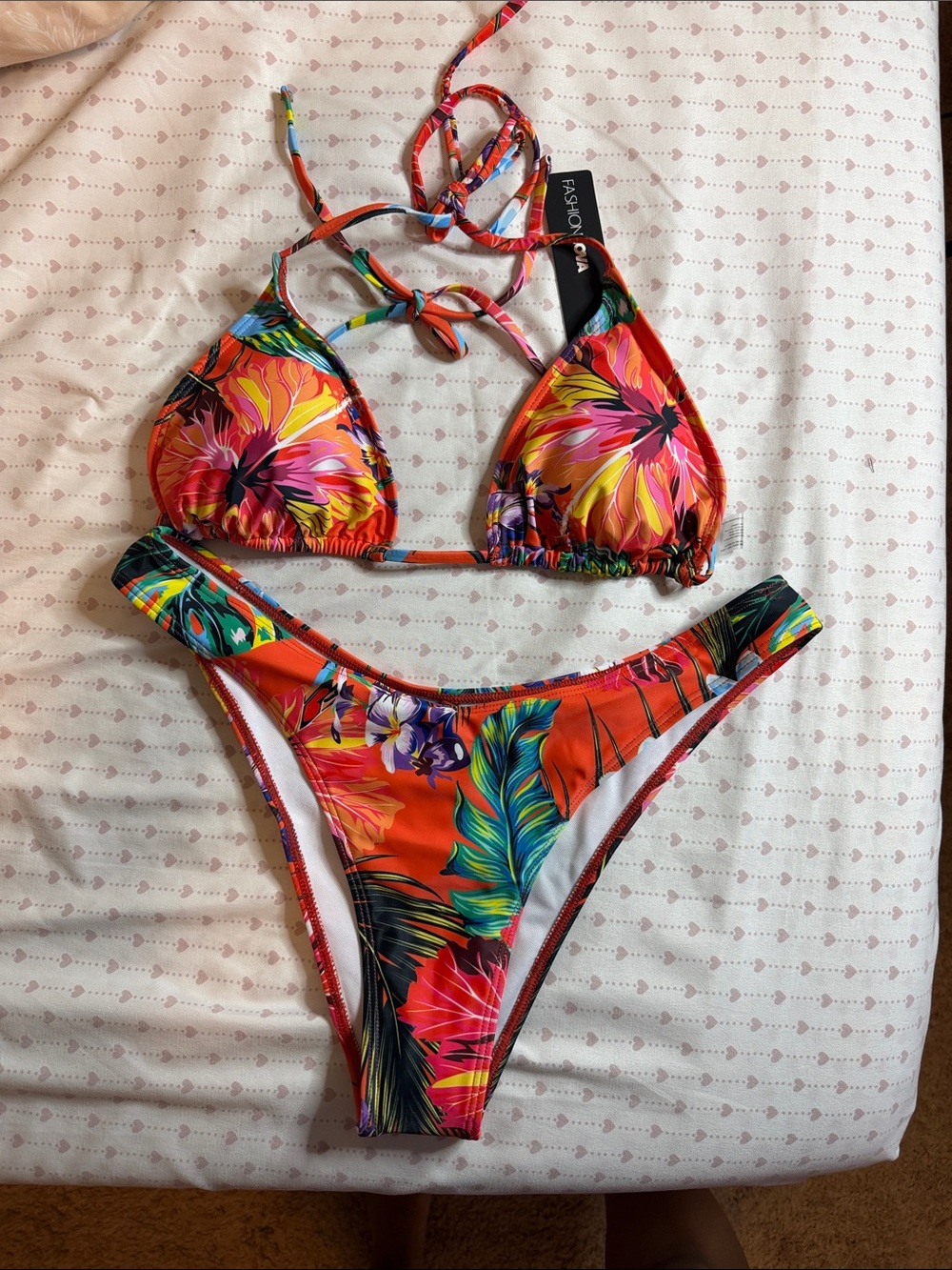 Fashion Nova Multicolor Tropical Print Bikini Set - Orange & Pink